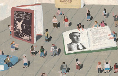 Tapa de cuaderno con dibujo personas recorriendo sitio con libros gigantes